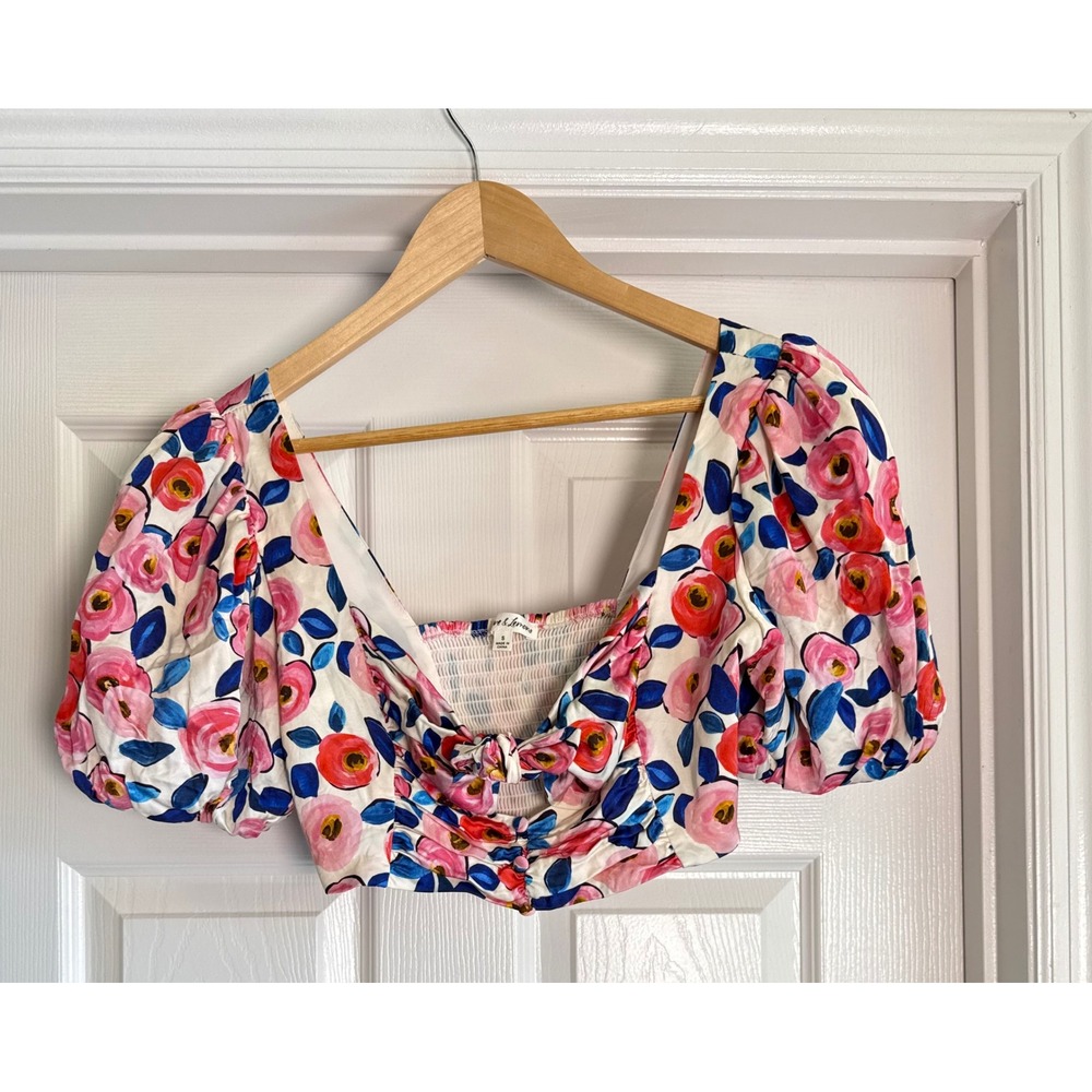 For Love & Lemons Floral Crop Top Womens Small White Pink Puff Sleeve Smocked